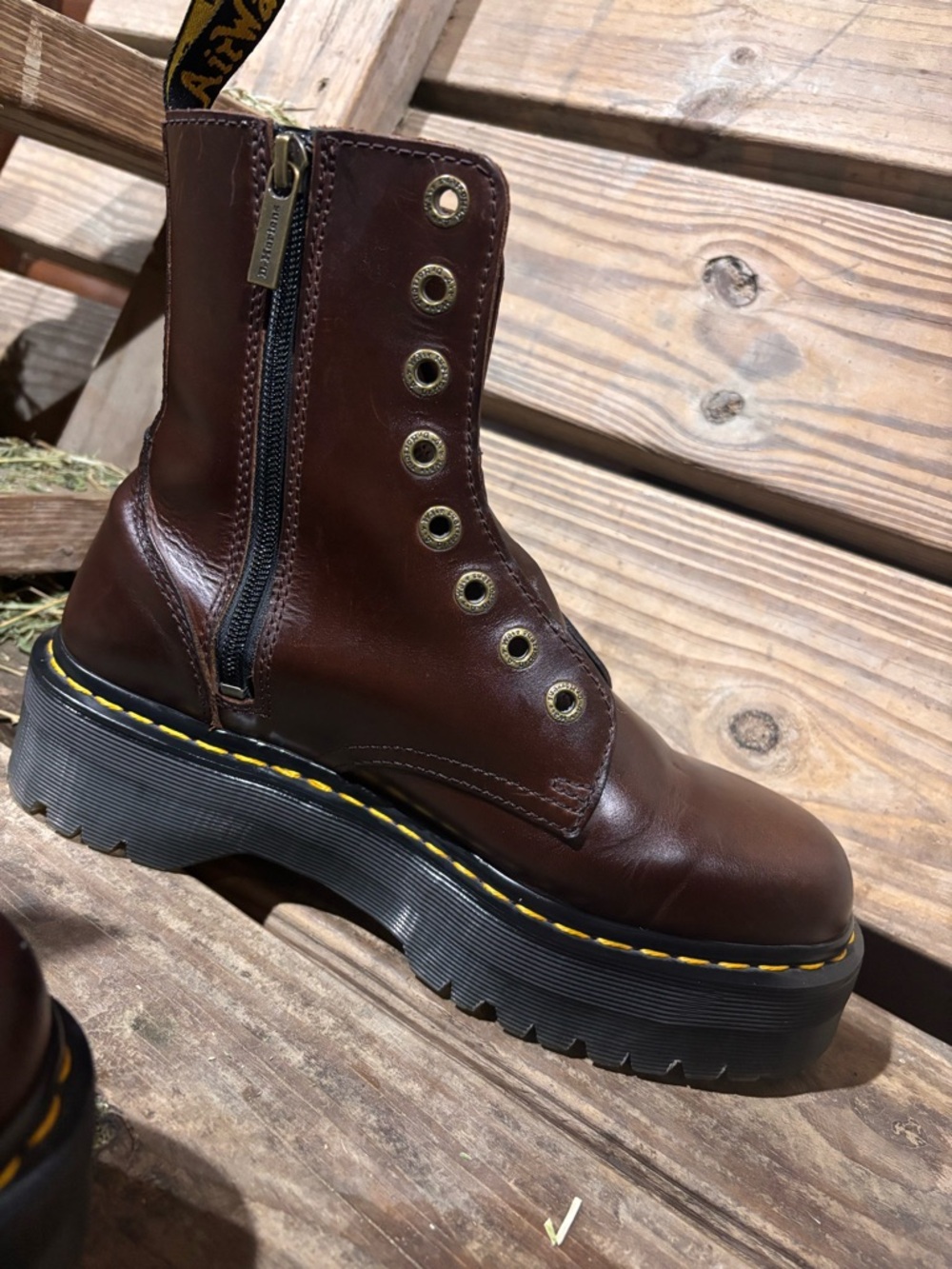 Dr. Martens Jadon Brown Leather Platform Boots with Yellow Stitching - Picture 4 of 6